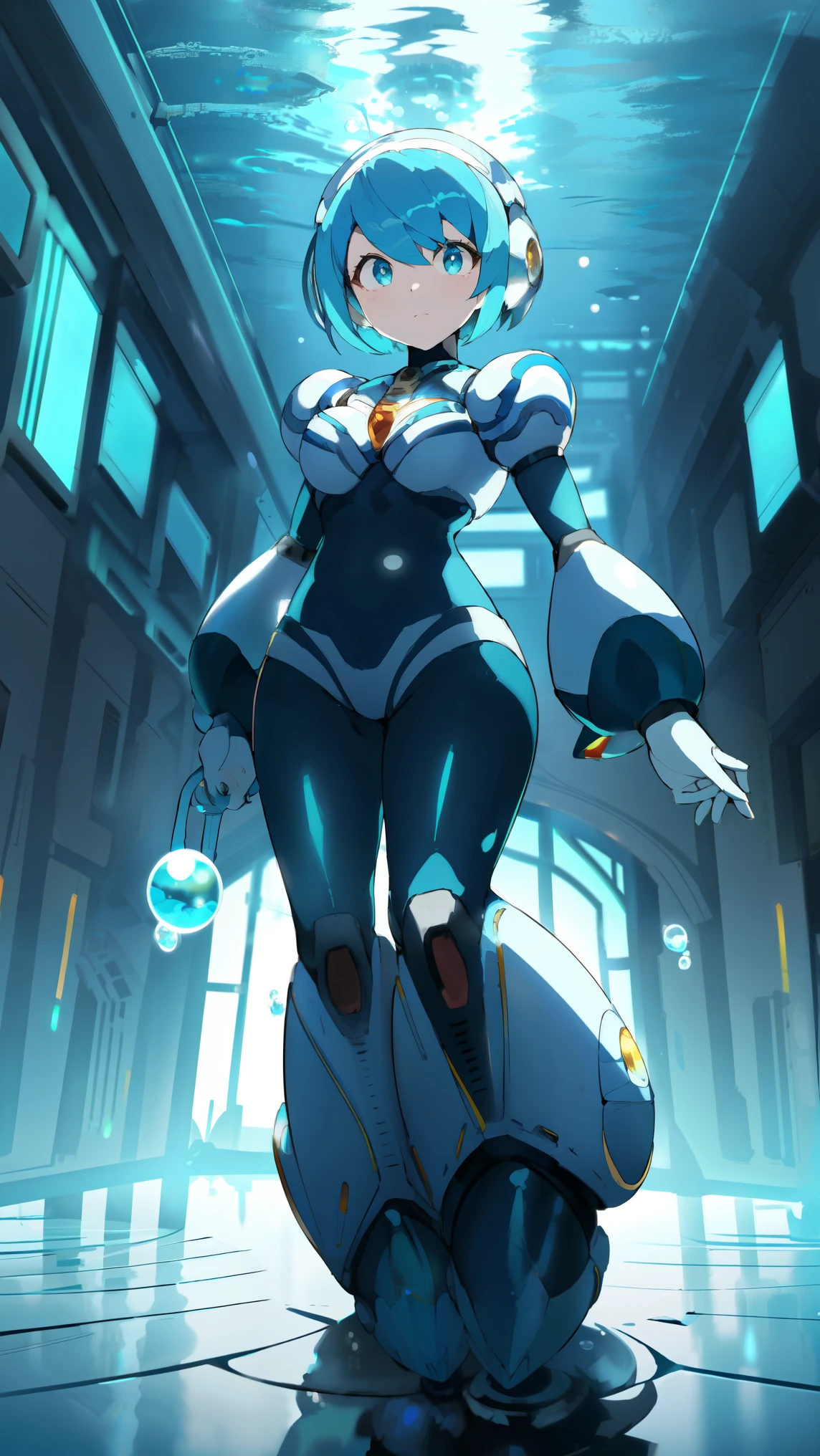 rico_megamanxdive, 1girl, solo, blue eyes, short hair, blue hair, android, high quality, masterpiece, standing in an underwater city with lots of bubbles, in the style of yuumei, intricate architectures, indigo, miniature illumination, daniel f. gerhartz