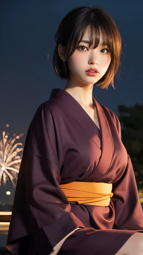 (8K、RAW Photosgraphy、Highest quality、masterpiece:1.2)、(Realistic、Realistic:1.37)、Ultra-high resolution、One Girl、smile,cute、alone、night、Sitting、date、(Nose redness)、(Laughter:1.1)、(Closed)、Big Breasts 、Beautiful Eyes、(short hair:1.2)、(((Fireworks bursting into the sky、night)))、(((kimono、yukata)))、Perfect body、Perfect Fingers、Professional Lighting、Japanese Goddess、gravure、Detailed face and skin texture、Fine grain、RAW Photos