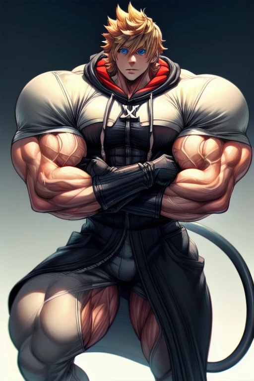 best quality, alone, mature male focus, meet, Khroxas, White jacket, short sleeves, hose, black robe, hood, black gloves, (extremely muscular)), (, muscular legs , muscular arms, Muscular upper body, muscular abdominal muscles , muscular shoulders,)