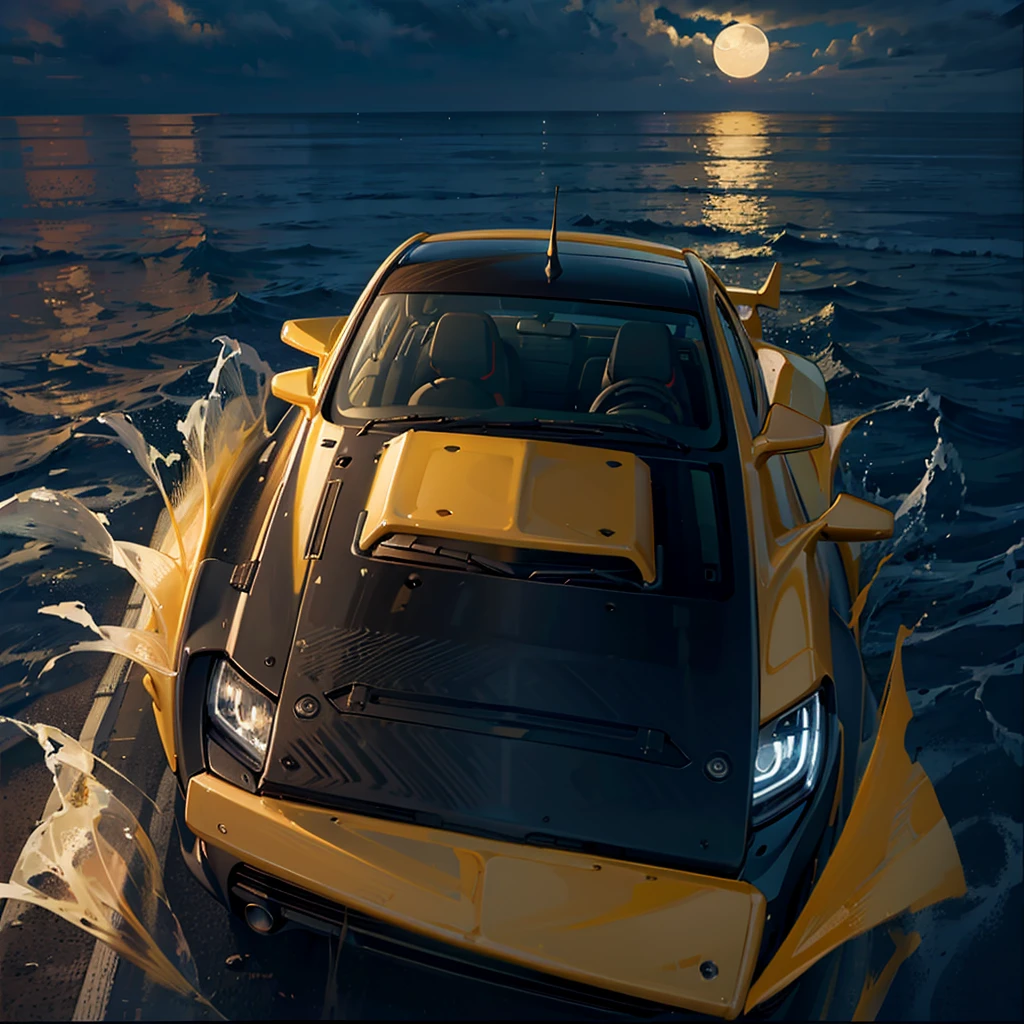 camaro, front pov, driving in the night, rain, yellow moon on background, ocean bellow, moon reflection in ocean, beautiful scenemy, drift car