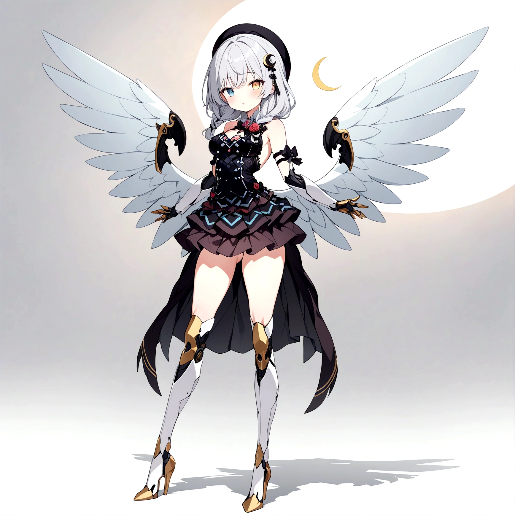 woman 160 cm tall, slim build, . (character design sheet: front view). (Short Wavy Gray Shoulder Length Hair, He has a short braid on the left side of his chest hair. He has large open bangs on the left side of his hair., She has a half-moon barrette on the right side of her hair.). He has a black French beret that has a crescent-shaped barrette.. (heterochromia: Green right eye and yellow left eye.). Intricate One Piece Low Waist Thigh Length Dress, He has an elegant black belt on his hip. He has a huge and complex rose brooch in the middle of his chest. It has intricate stilettos. (It has complex mechanical legs that reach up to the thighs.: black with small gray details and metallic finish.). (It has complex mechanical arms up to the elbow and are black with small gray details with a metallic finish..). He has complex mechanical angel wings on his back that are light blue and white with black patterns.. Beautiful extremely detailed wings.. beautiful detailed hair, beautiful detailed dress. extremely detailed arms. extremely detailed face, small face, Beautiful detailed eyes, beautiful detailed lips. adorable. extremely detailed legs. (Best Quality, 4k, 8k, high resolution), ultra detailed, Exquisite and epic character art.