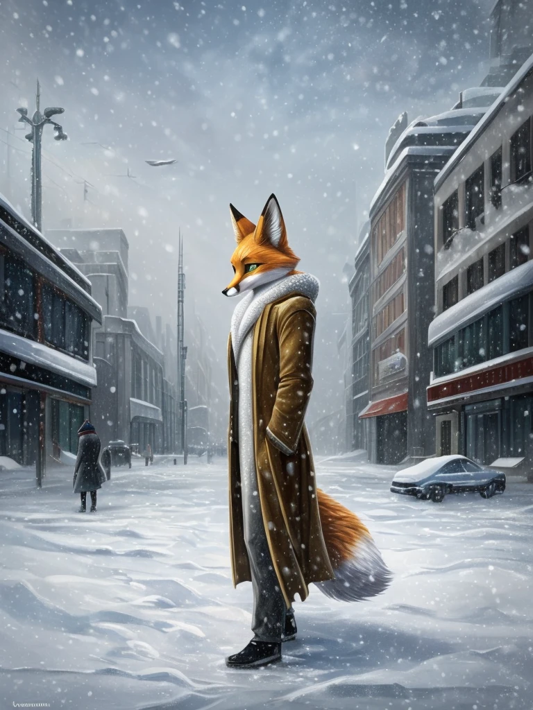 ((realisitic)), ((detailded)), illustration, perspective of the scene (urban environment), Character appearance (yellow fur, Fox Head, and humanoid body, greeneyes, and wearing an elegant coat, in the middle of a snowy morning with an imposing air), Background Elements (Snow field in winter).