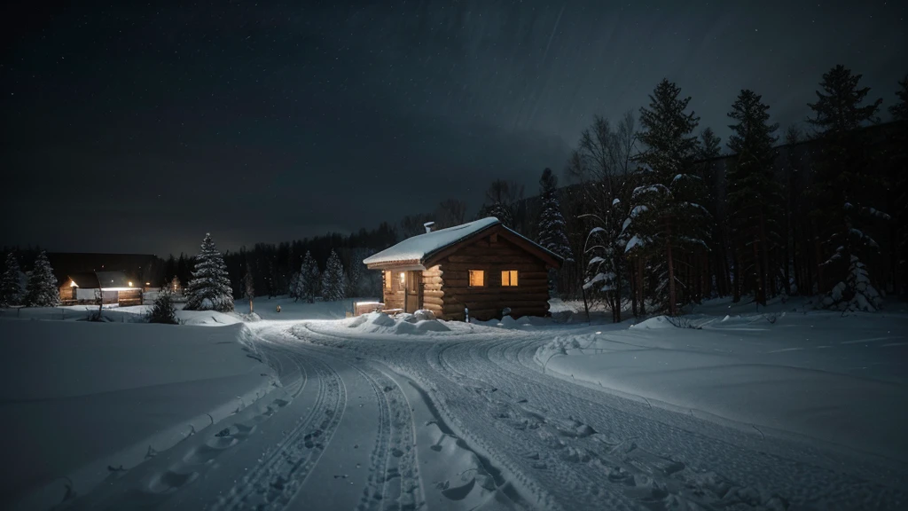 a lone cabin in the snow with a trail leading to it, taken with sigma 2 0 mm f 1. 4, winter night, snowy night, mikko lagerstedt, shot with a canon 20mm lens, atmospheric cold lighting, perfect lighting in a snow storm, night sky photography, snowfall at night, dark winter evening, by Franz Hegi, winter atmosphere