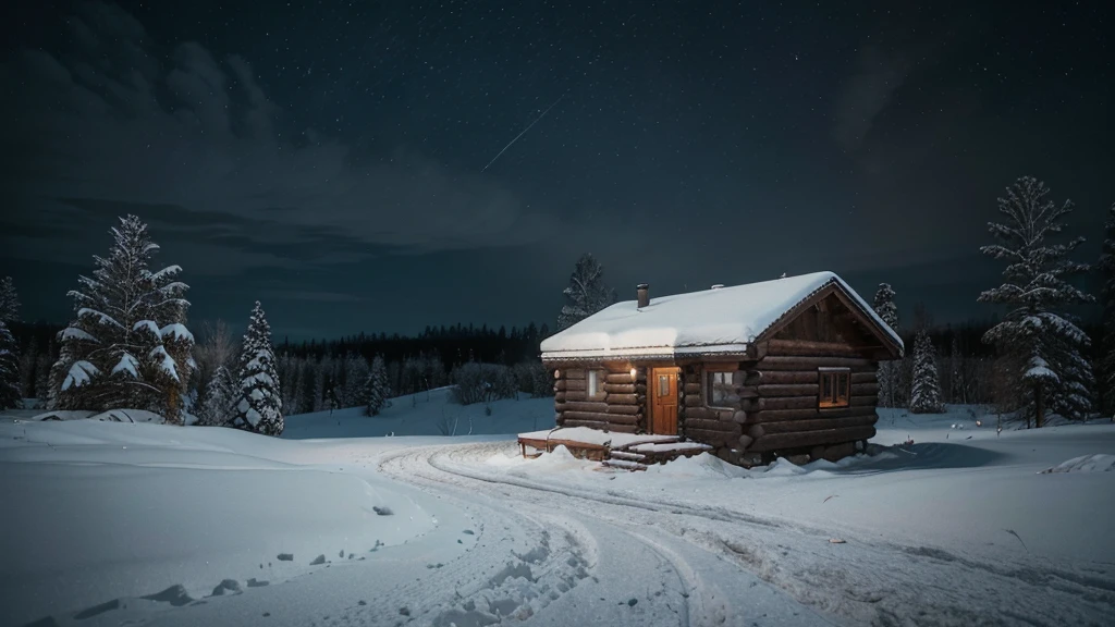 a lone cabin in the snow with a trail leading to it, a matte painting by Franz Hegi, pexels contest winner, romanticism, taken with sigma 2 0 mm f 1. 4, winter night, snowy night, mikko lagerstedt, shot with a canon 20mm lens, atmospheric cold lighting, perfect lighting in a snow storm