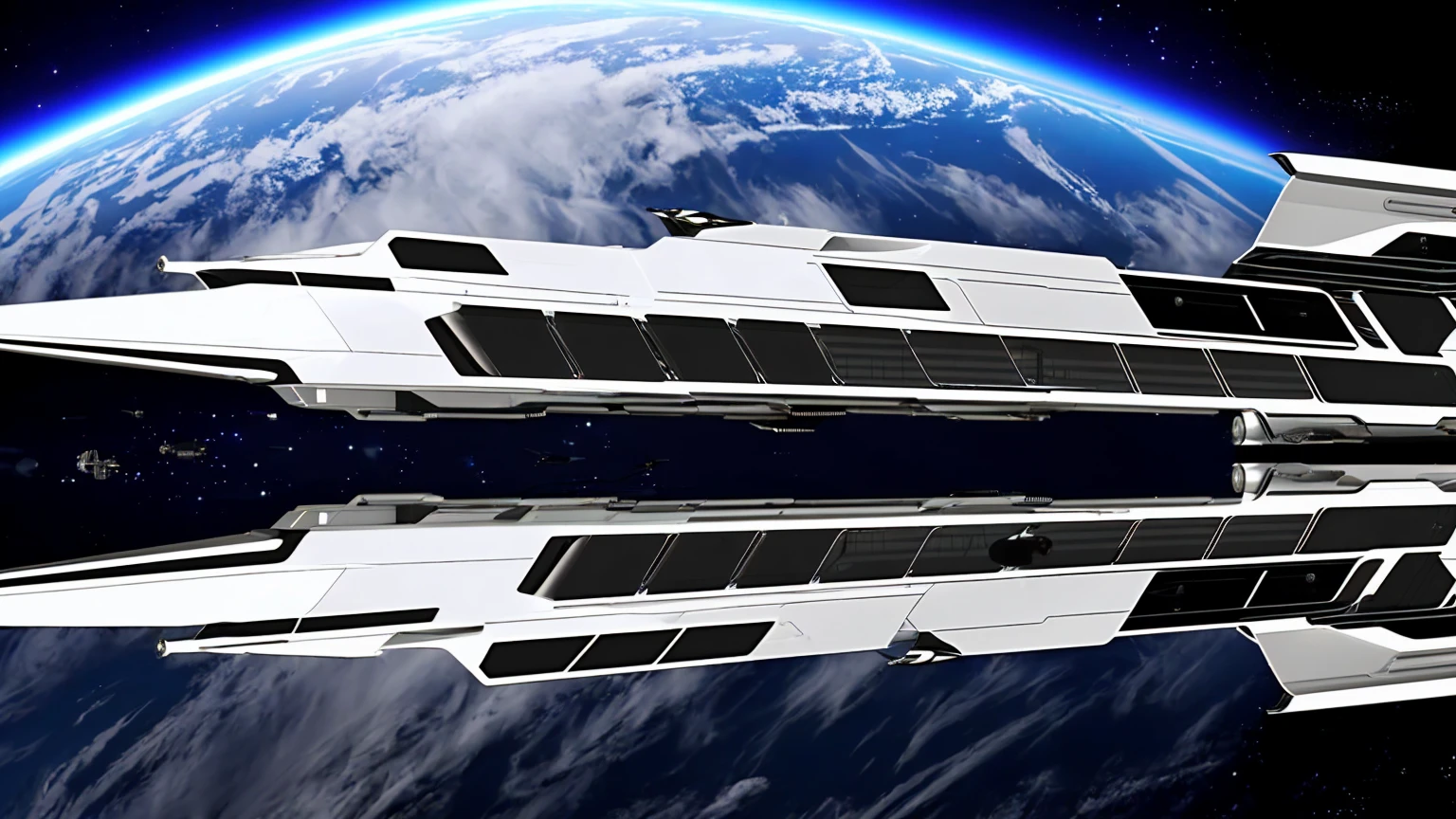 
The spaceship in the image is a futuristic design with a sleek, white exterior. It has a long, slender body that tapers towards the rear, and a large, rounded front section that houses the cockpit and other essential systems. The ship is also equipped with a number of thrusters and other propulsion systems, which allow it to maneuver through space with ease.

Here is a more detailed description of the spaceship's features:

Body: The spaceship's body is made of a durable, lightweight material that is resistant to the harsh conditions of space. The body is also streamlined to reduce drag and improve fuel efficiency.
spaceship streamlined body
Cockpit: The cockpit is located at the front of the spaceship and is protected by a thick layer of armor. The cockpit is equipped with a number of windows that provide the pilot with a panoramic view of their surroundings.

spaceship cockpit
Propulsion systems: The spaceship is equipped with a number of thrusters and other propulsion systems that allow it to maneuver through space with ease. The main thrusters are located at the rear of the ship, and they provide the primary source of power for propulsion. The ship also has a number of smaller thrusters that are used for maneuvering and docking.
spaceship propulsion systems
Weapons: The spaceship is armed with a number of weapons that can be used to defend itself against attack. The weapons are located on the sides and under the ship, and they can be fired remotely from the cockpit.
spaceship weapons
Overall, the spaceship in the image is a powerful and versatile spacecraft that is well-suited for a variety of missions. It is a testament to the advanced technology of the future, and it is sure to play an important role in the exploration and settlement of space.

Here is the description in English:

Body: The spaceship's body is made of a durable, lightwe