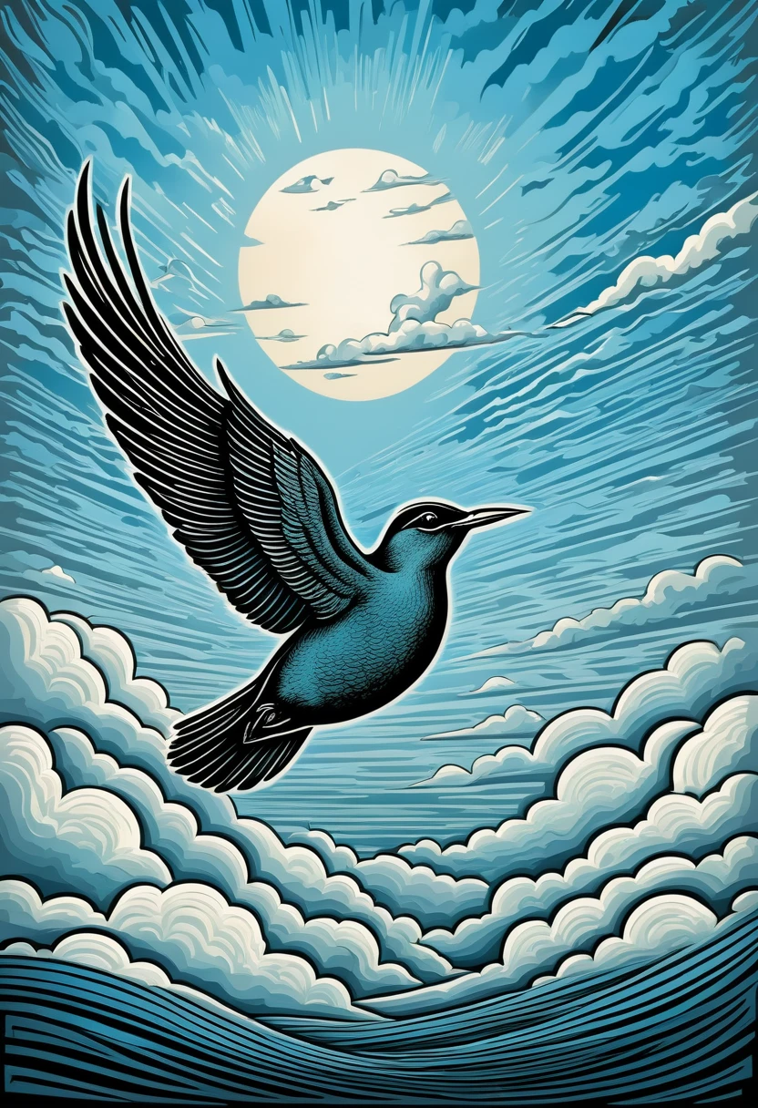 woodcut drawing representing a bird flying in a surreal setting, surrealistic sky and clouds, abstrato, Magritte style