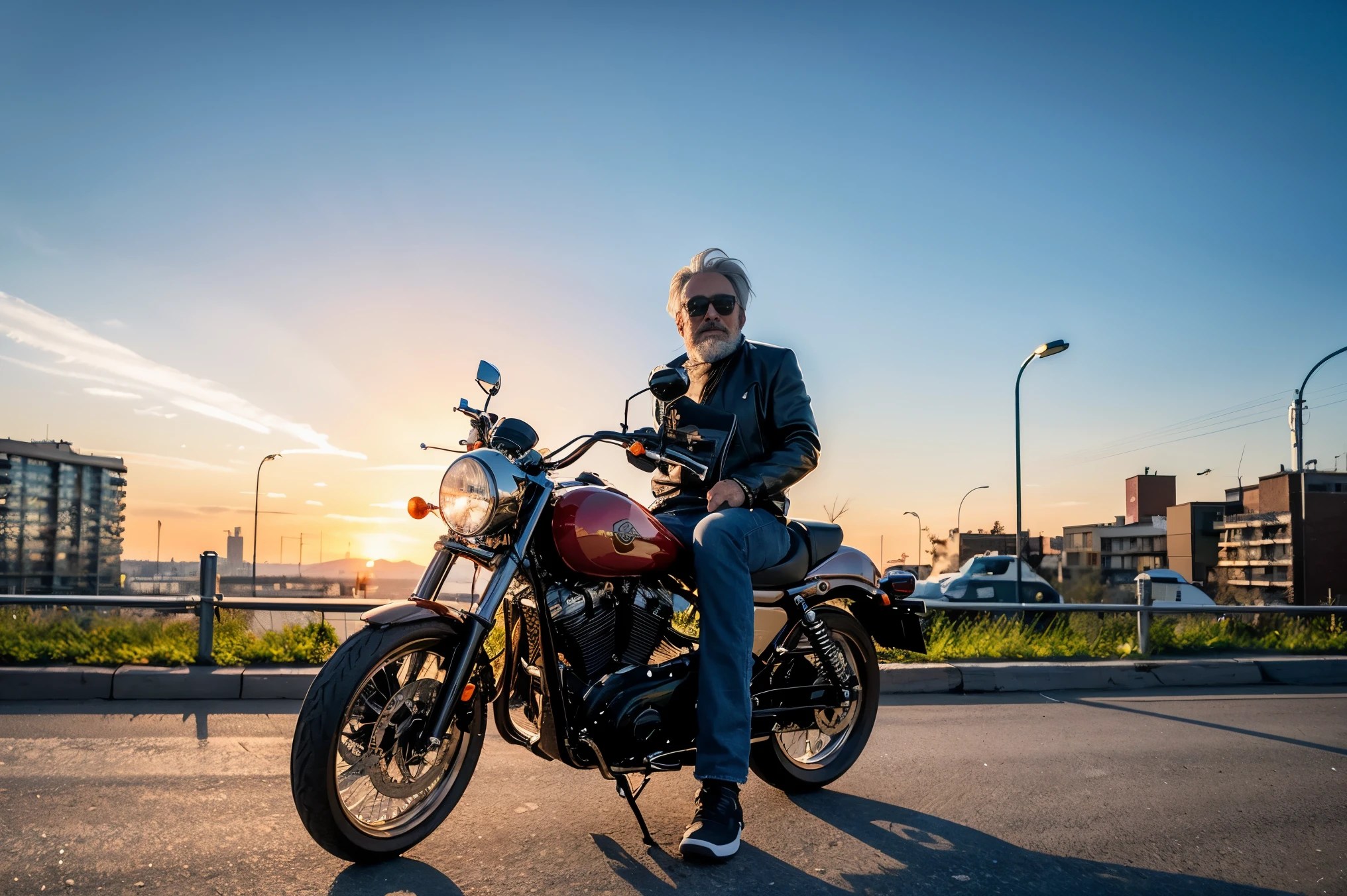 ((de la máxima calidad、8k、Obra maestra:1.3))、Capture the essence of a mature and attractive 50-year-old man, dressed in casual sportswear, stylishly posing next to his gleaming Harley Davidson motorcycle against the backdrop of a vibrant urban sunset. The scene unfolds on a busy street, where the warm glow of the setting sun bathes the surrounding buildings and creates a warm and inviting atmosphere