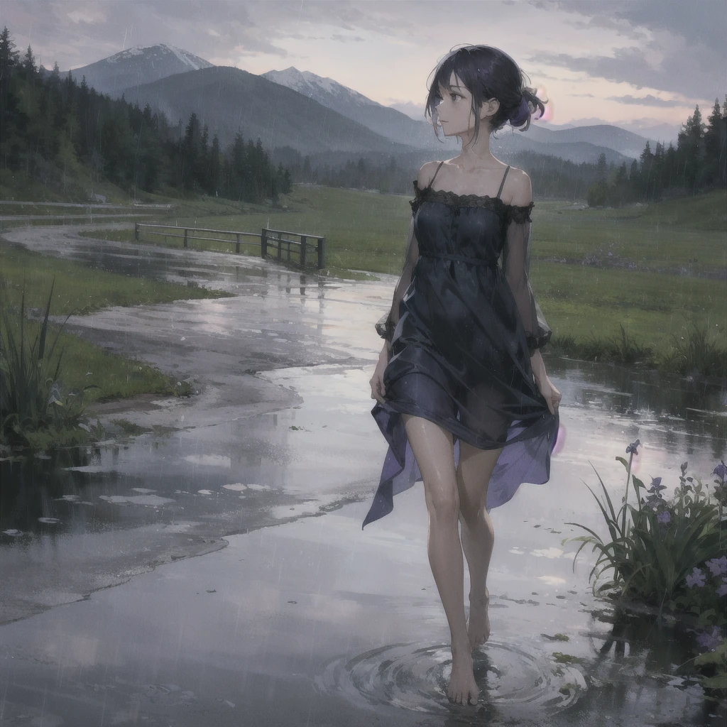 violet sky, shower, Hills, a thin girl with an exquisite, very beautiful face runs barefoot in the rain