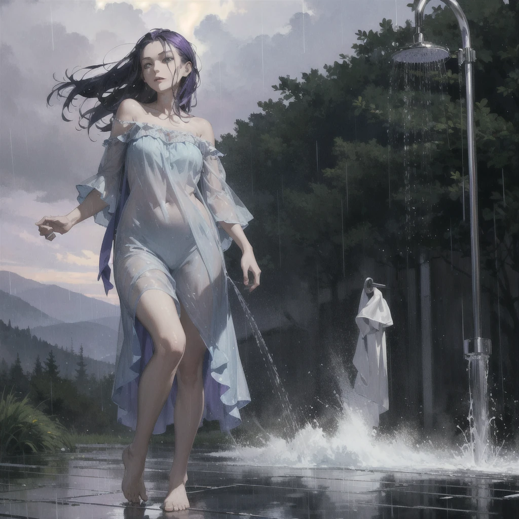 violet sky, shower, Hills, a thin girl with an exquisite, very beautiful face runs barefoot in the rain