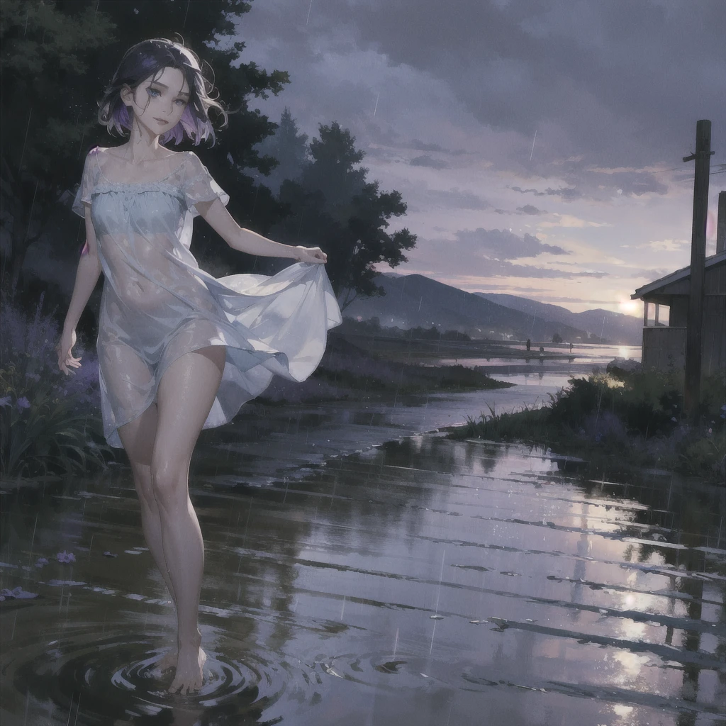 violet sky, shower, Hills, a thin girl with an exquisite, very beautiful face runs barefoot in the rain