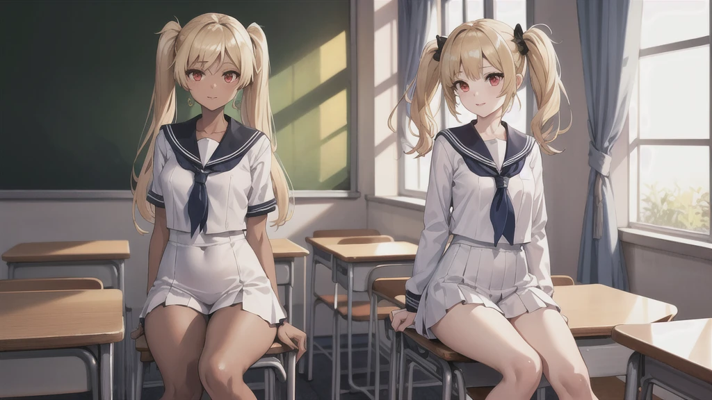 (masterpiece:1.2, Highest quality), 1 Female, alone, Sailor suit, classroom, Day, sit, blonde, Twin tails, Red eyes, Open Collaboration, Dark Skin, (Open chest:1.1),