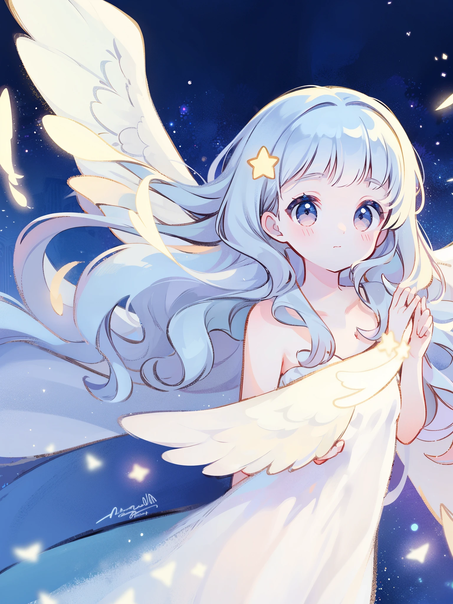 angel girl wearing a layered fantasy angelic dress, pale skin, ((long wavy blue hair)), white feathers, angel wings, perfect composition, highly detailed, ethereal, (starry night sky background), midjourney style