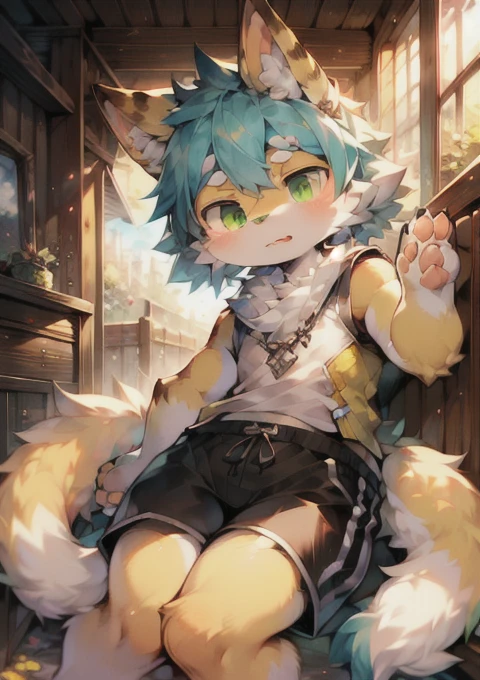 A detailed, high-quality Stable Diffusion prompt for the given theme:
a masterpiece, high quality, surreal, digital art, from dagashi, yes, green hills, single character, (fluffy fur:1.1), (bright:0.8), anthropomorphized male cat, young, pitiful, (Clear green eyes., yellow fur, fur, white paws, cat nose:1.2), black shorts, cute, bright eyes, full view, character focus, detailed background