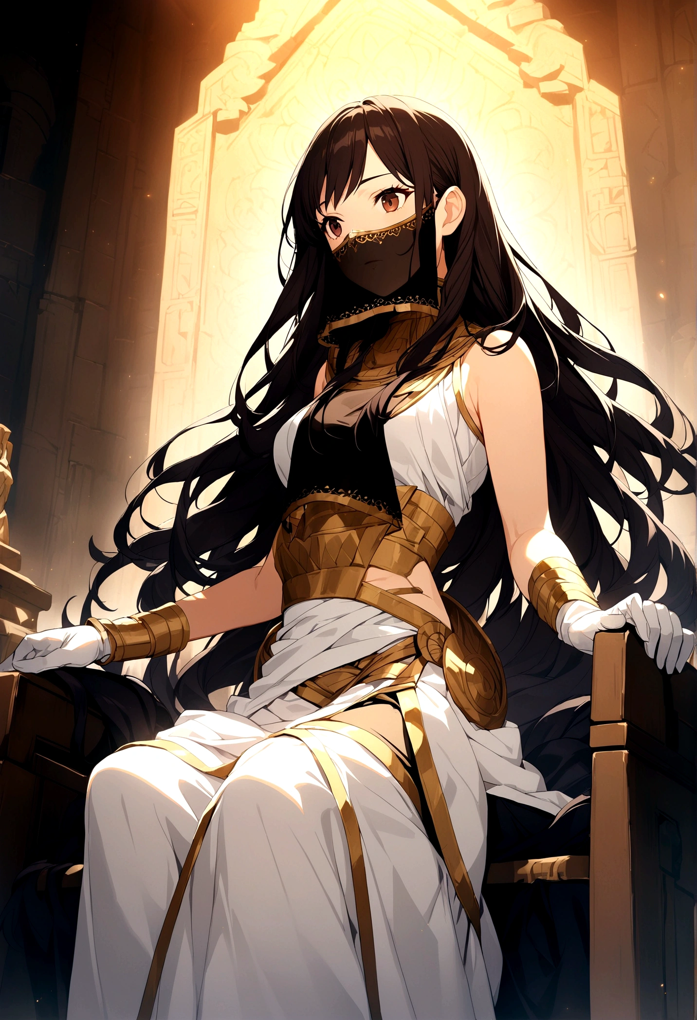 1girl, long hair, dark hair, ancient civilization clothes, white glove, mouth veil, throne background, game cg, 