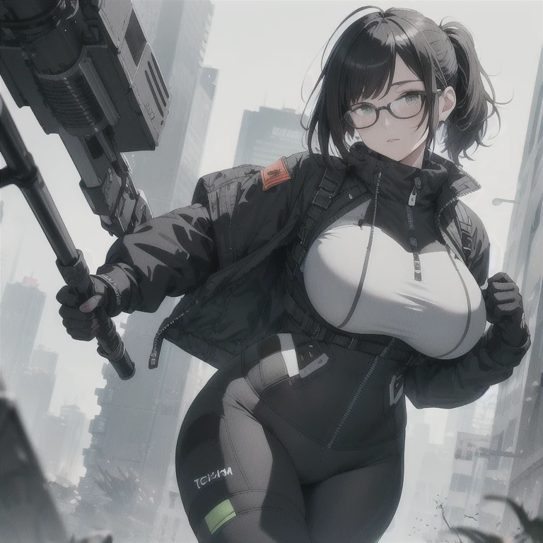 Absurd resolution,high resolution,(masterpiece: 1.4),hyper-detail,fullbody shot,head to toe,full frontal camera perspective,solo,shorter,standing,glasses,kemono feline cat futanari,no skin other than neck and head shown,watertight panel pattern suit,black hair,messy ponytail,cute face,detailed soft grey luminous eyes,huge massive hyper super swollen heavy milky breasts,breasts so big that cover her whole torso and are bigger than her head while being so big they reach her bellybutton,extremely super large swollen perky heavy bust,super huge enormously gigantic tits,gigantic breasts stretching/straining out of her outfit looking like they are about to burst out,breasts compressed squishing barely contained in outfit,inflated breasts,breast_expansion,super gigantic swollen heavy tits,wide full hips,narrower torso and shoulders,smaller torso,narrower waist,full thicc big soft thighs,thicc big full thighs,big rounded full soft butt,thicc butt,ruggedized utility styled outfit,fully insulated suit,full body outfit coverage with no skin showing or revealed,airtight/watertight zippers and seals,scifi monochrome black and grey fullbody covering protective padding rugged loose-fitted pilot utility suit with strategically placed protective padding,white watertight zipper utility cropped top for breasts support with a black strap horizontal across cleavage worn on top of suit,tactical strategic angular-patterned protective padding on hips and thighs and abdomen,practical/functional clothing,weather-proof durable clothing material,nylon clothing material,custom made clothing to fit and support large breasts,scifi padded rugged rigid high collar cropped cutout fitted techwear jacket,armored high collar,white and black triangular decals and techwear iconography on apparel and clothing,techwear gloves,ruggedized tech,ruggedized tech aesthetic,fitted utility pants,utility chaps,near future scifi,cyberpunk aesthetic,anime aesthetic,tactical aesthetic,nasapunk apparel,death stranding