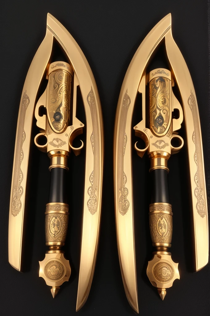 Two golden revolvers with engravings on their body