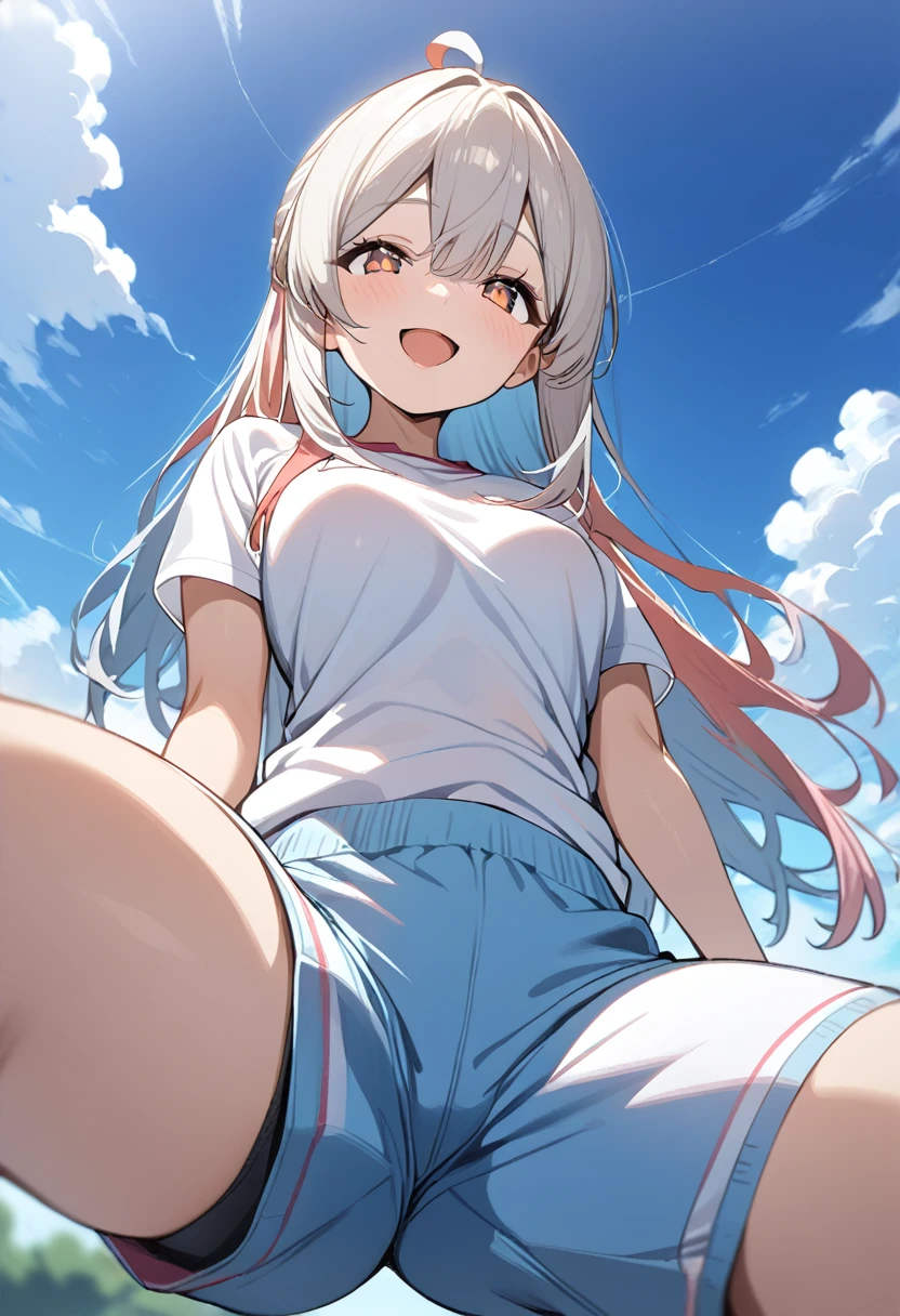 1girl, ultra high res, white shirt, gym shorts, smile, open mouth, sky background, very low angle view