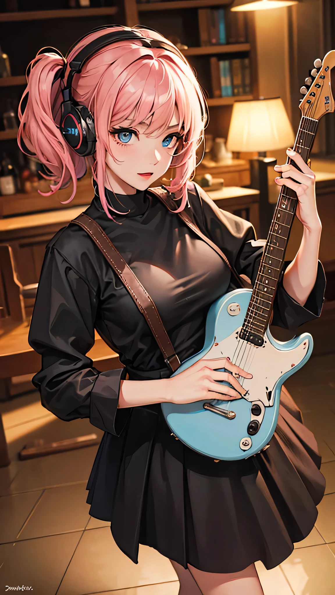 Anime girl with pink hair holding a guitar and headphones - SeaArt AI