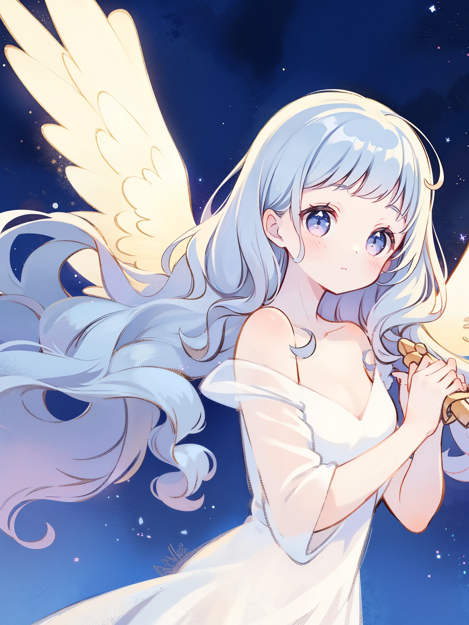 nude angel girl wearing an ethereal translucent dress, pale skin, ((wavy blue hair)), white feathers, angel wings, sparkling detailed eyes, golden ratio face, perfect composition, highly detailed, ethereal, (starry night sky background), midjourney style
