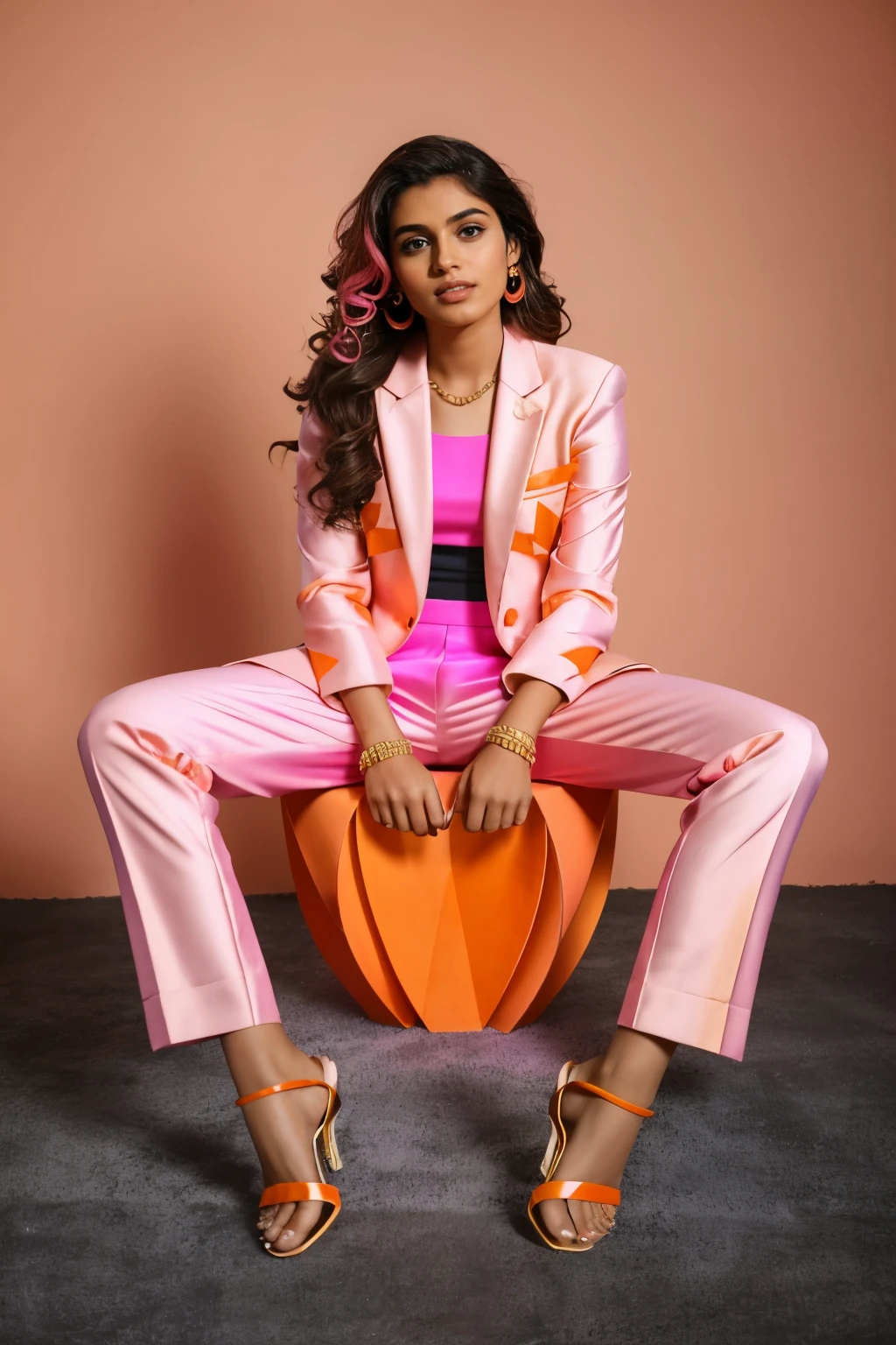 A beautiful 20-year-old indian woman with wavy brown hair, wearing a bold and ((pink orange geometric suit)). Colorful atmosphere, photo studio, artistic,(( black sandal heels)) , sitting on a chair
