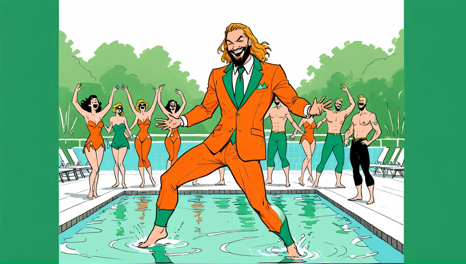 Line drawing, sketch, expressive, ink figure of Aquaman (vintage orange and green suit) dancing at a pool , overjoyed. The style should be simple and minimal. clearly standing in shallow end of pool, everyone is maximal over excited to be at prestigious pool , wide large smiles, cackling, 
