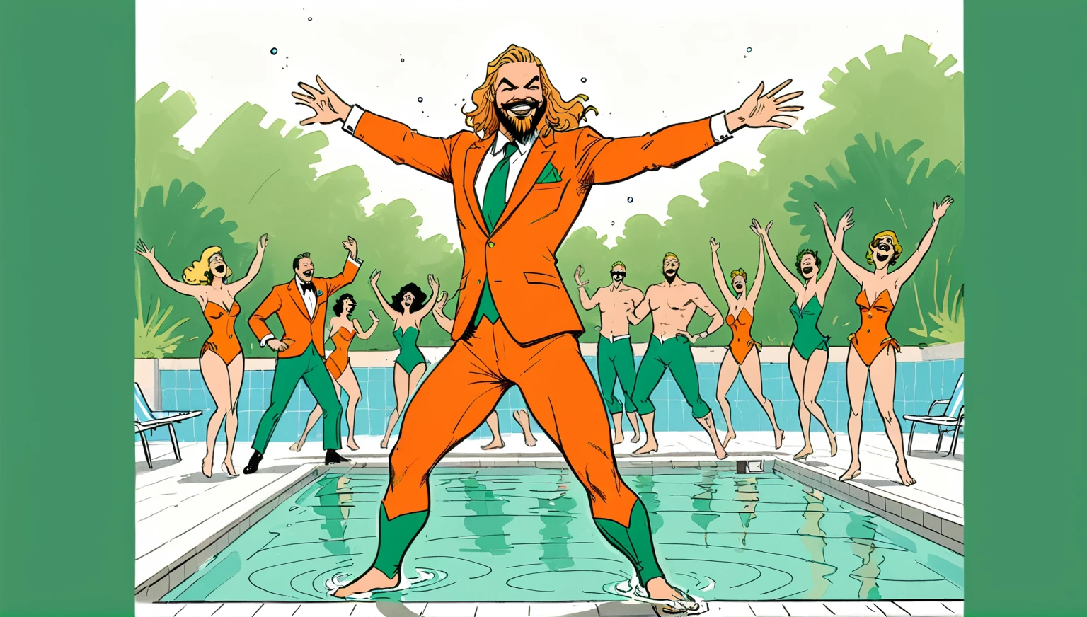 Line drawing, sketch, expressive, ink figure of Aquaman (vintage orange and green suit) dancing at a pool , overjoyed. The style should be simple and minimal. clearly standing in shallow end of pool, everyone is maximal over excited to be at prestigious pool , wide large smiles, cackling,