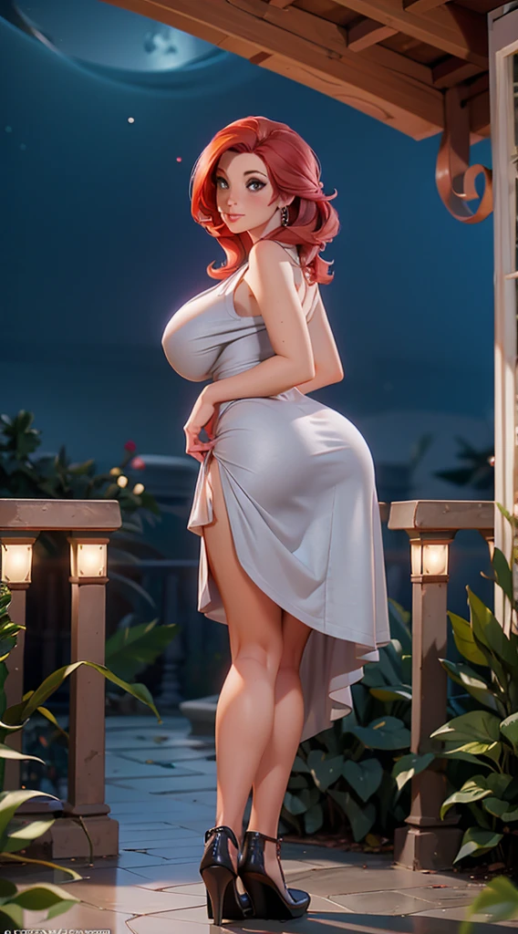 white woman, 21 years old year old, she wears a gray elegant dress, red hair, beauty, big ass, background garden in the night. Big breast. Full body