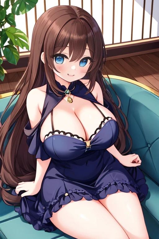 A stunning shot of the curvy beauty! She sits provocatively on a plush velvet couch, her incredibly big breasts spilling out of a low-cut dress. The camera frames her from above, emphasizing her overwhelming huge breasts and overly thicc thighs. Her lush brown hair cascades down her back like a waterfall, and her beautiful blue eyes sparkle with mischief. A cute smile plays on her lips as she gazes directly at the viewer, her insanely voluminous cleavage drawing all attention.
