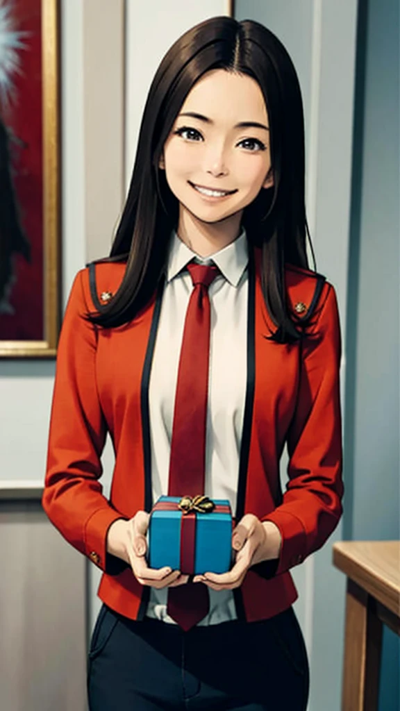 masterpiece, best quality, solo,1girl,looking at viewer,Research Room、indoor,anime style,
fujiakiko、Bust up images、
、Facing forward、smile、Holding a gift in both hands、The number 5000、Congratulations Images