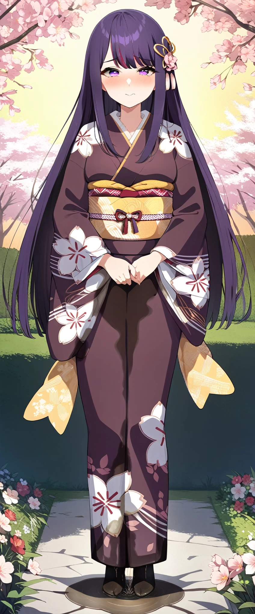 (masterpiece:1.37), best quality, (extremely detailed:1.37), (1girl:1.5), woman, (mature:1.5), (adult:1.5), large breasts, very long hair, (straight hair:1.5), (very dark purple hair:1.5), purple eyes, (extremely detailed eyes:1.37), (furisode:2.0), desperation, (wetting self:2.0), standing, embarrassed, humiliation, blushing, angry, cherry blossoms, garden, (golden hour:1.5), full body