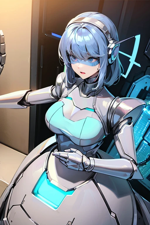 female,solo, medium hair, green eye,blue hair,empty eyes  , wind hips, curvy,medium breasts ,humanoid robot, joints, robot, robot joints, shiny, shiny skin, thighs, robot, humanoid robot, robot girl,metal skin (colored skin), hanger,( in container, stasis tank, bubble, underwater,) laboratory, expressionless,cowboy shot,