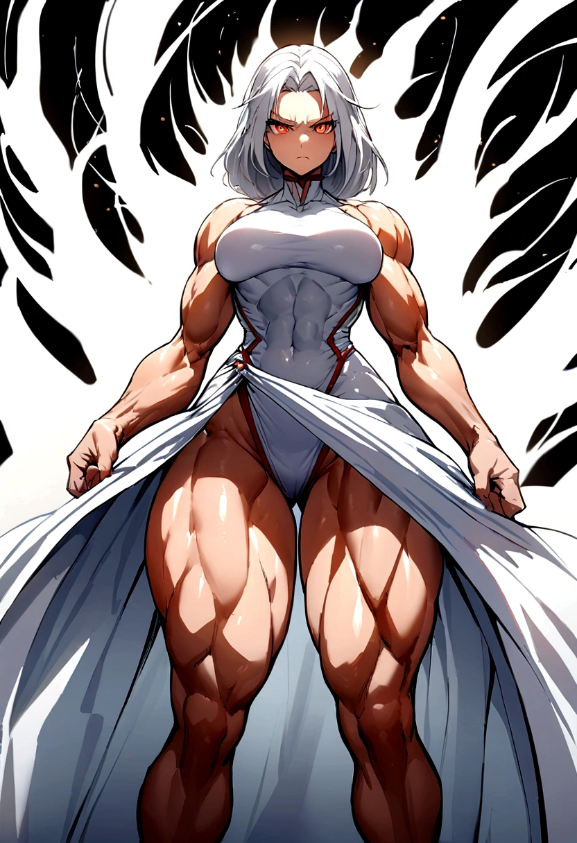 Make the image of a woman, She Has Long White Hair, red vertical pupils, a muscular body with strong arms and defined thighs, a white outfit, breasts big, and a white aura over your body, she has a serious expression on her face, dress covers your thighs