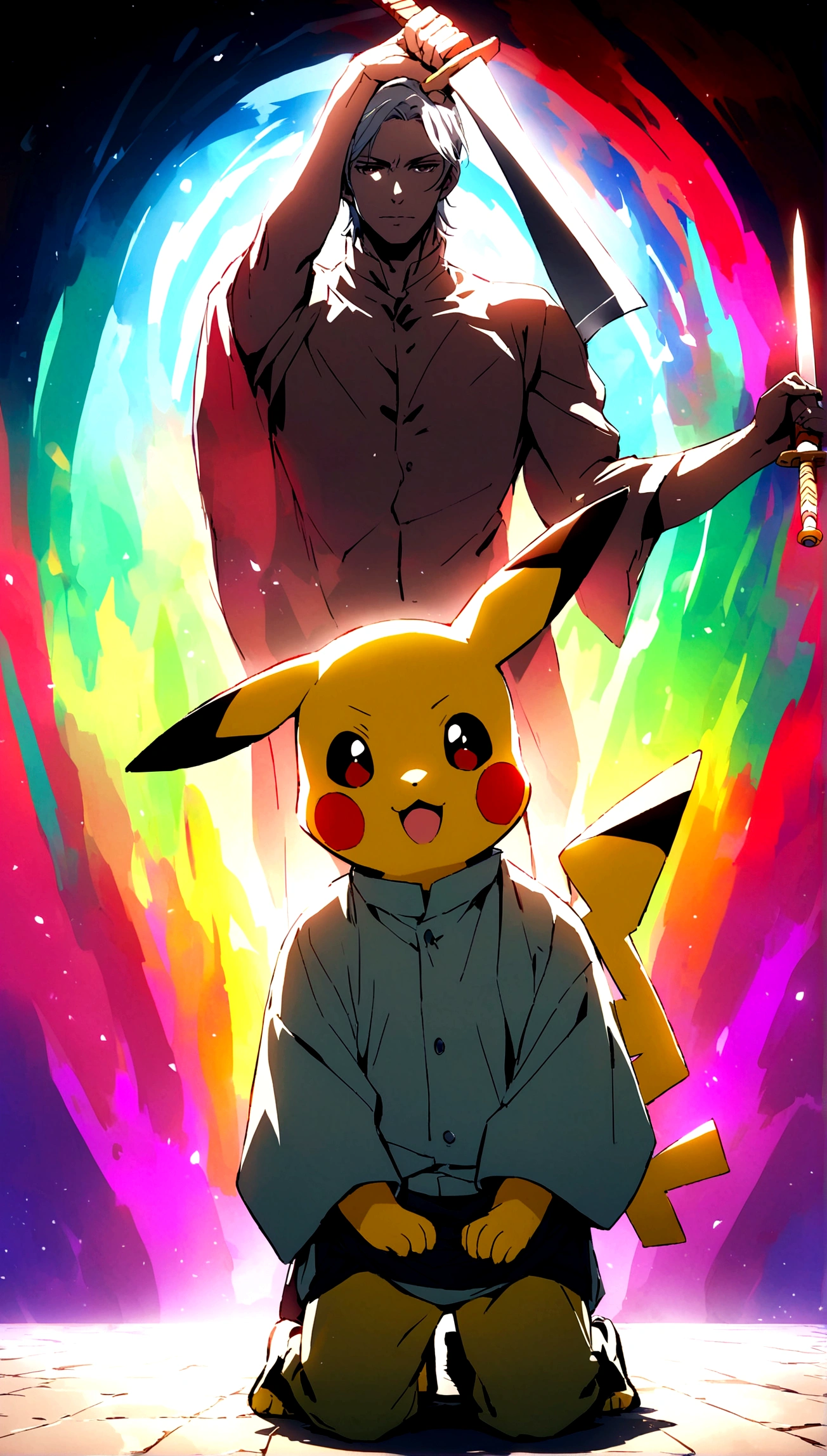 Create an image of a kneeling humanoid Pikachu, Hold the sword and lift it, Make him an adult