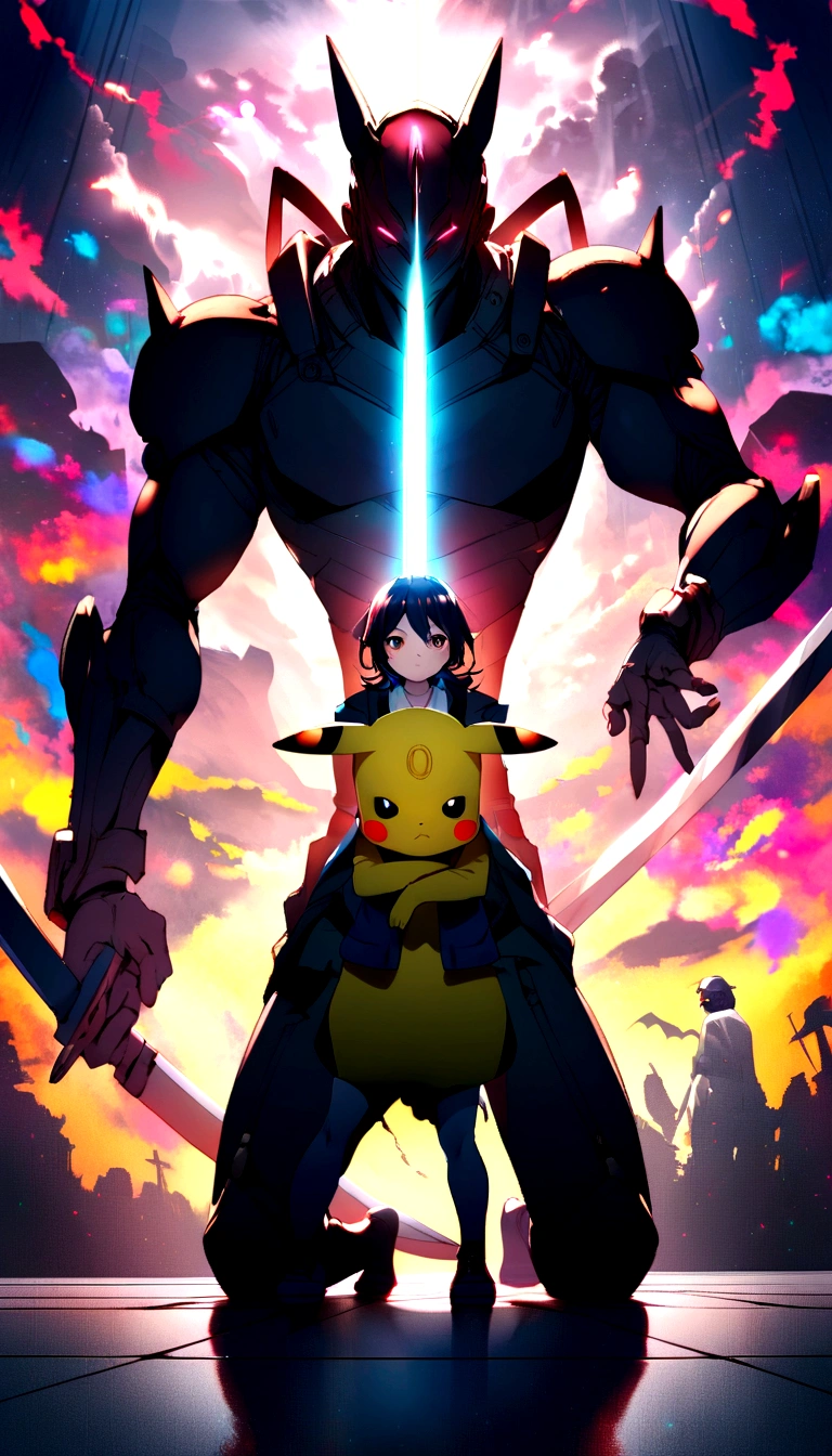 Create an image of a kneeling humanoid Pikachu, Hold the sword and lift it, Make him an adult
