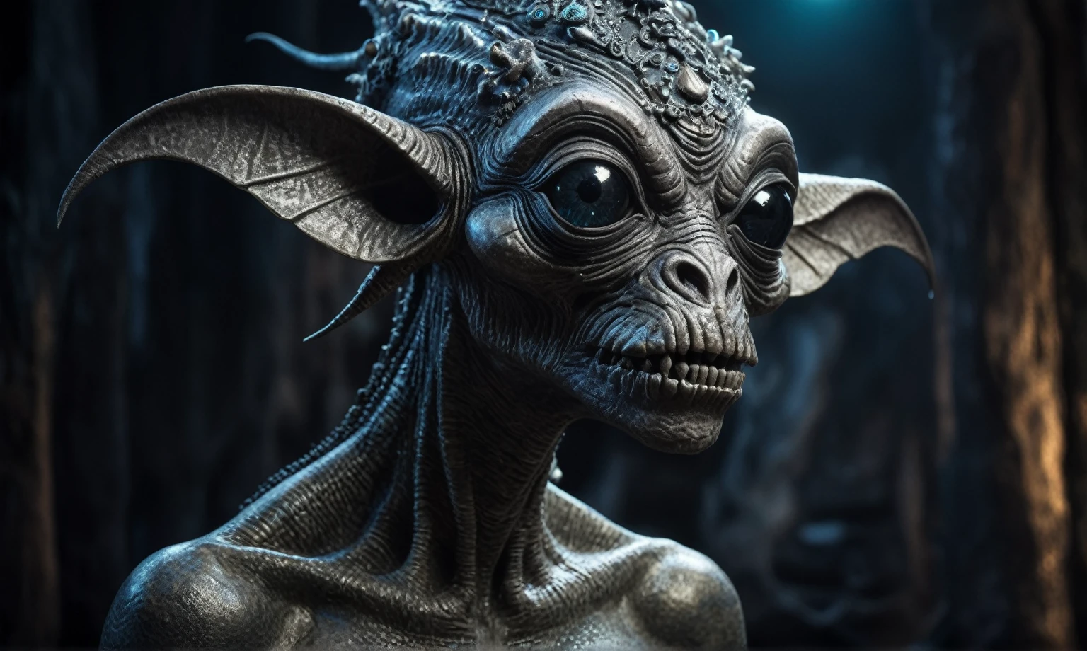 full body length shot,nerd graphite  Alien Entity,native africa slave ,nowadays azctec central city,Cinematic,soft colors, Technicolor,natural skin textures, hyper realism, hyper detailed,Extremely detailed,High contrast,Masterpiece,Realistic,Ultra Detailed, intricate details,realistic humid leather,extremely intricate details,Epic Realistic, cinematic style, irina yermolova,high contrast,hdr,extremely detailed, [deep night landscape],masterpiece, intricate details, eyes extremely detailed, high detailed eyes,8k resolution,retina, Nikon Z9,Korea,orc,Egypt, Pisces, transition between two art styles,full body length, Double contact, X-ray, Creative, vivid light, fantasy, Abstract, Surrealism, super detailed, high resolution,insanity national folk wear,skin  almost translucent, gothic elements, further emphasizing its dark air,Mestichino,Light particles,chaos,starfish's leather,Angkor Wat of Cambodia,"(The best lighting, dark, dramatic),(alien troll half-skull fetus, Hellraiser, Scars, , poison brain, , a rat inside the head, terror.),(fish eyes, calaveras). morning light.

