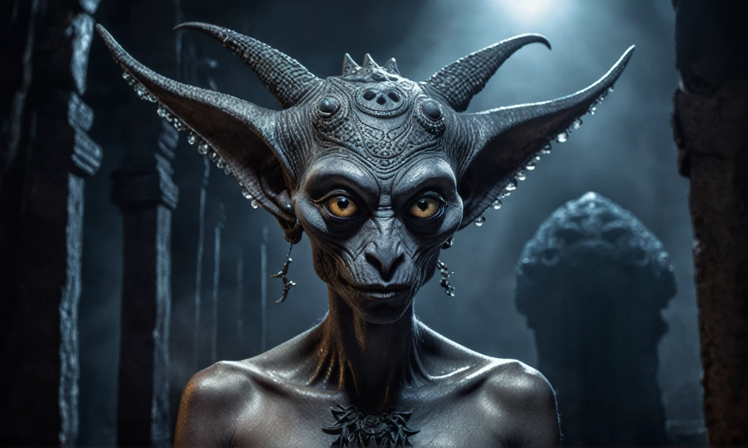 full body length shot,nerd graphite  Alien Entity,native africa slave ,nowadays azctec central city,Cinematic,soft colors, Technicolor,natural skin textures, hyper realism, hyper detailed,Extremely detailed,High contrast,Masterpiece,Realistic,Ultra Detailed, intricate details,realistic humid leather,extremely intricate details,Epic Realistic, cinematic style, irina yermolova,high contrast,hdr,extremely detailed, [deep night landscape],masterpiece, intricate details, eyes extremely detailed, high detailed eyes,8k resolution,retina, Nikon Z9,Korea,orc,Egypt, Pisces, transition between two art styles,full body length, Double contact, X-ray, Creative, vivid light, fantasy, Abstract, Surrealism, super detailed, high resolution,insanity national folk wear,skin  almost translucent, gothic elements, further emphasizing its dark air,Mestichino,Light particles,chaos,starfish's leather,Angkor Wat of Cambodia,"(The best lighting, dark, dramatic),(alien troll half-skull fetus, Hellraiser, Scars, , poison brain, , a rat inside the head, terror.),(fish eyes, calaveras). morning light.

