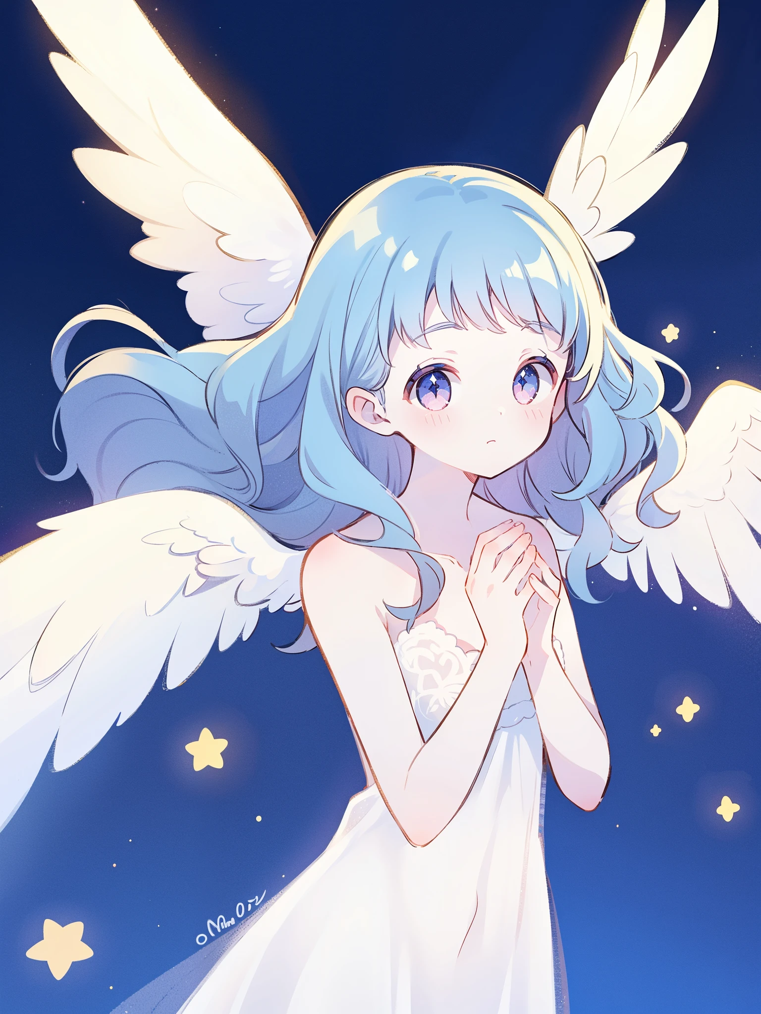 nude angel girl wearing an ethereal translucent dress, pale skin, ((wavy blue hair)), white feathers, angel wings, sparkling detailed eyes, golden ratio face, perfect composition, highly detailed, ethereal, (starry night sky background), midjourney style