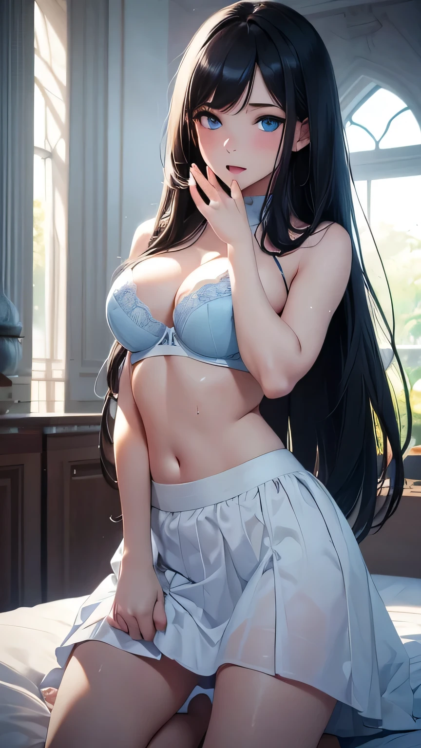 Highest quality, Soft Light, Ultra-high resolution,People Girls, alone, sexy, (Ecstatic face), (Blue eyes), Beautiful face in every detail,(High resolution detail of human skin texture), (very long black hair), break, bed,bra,(Fellatio gestures:1.3), (Open your mouth:1.2),tongue,White Skirt,Sweat,Sigh