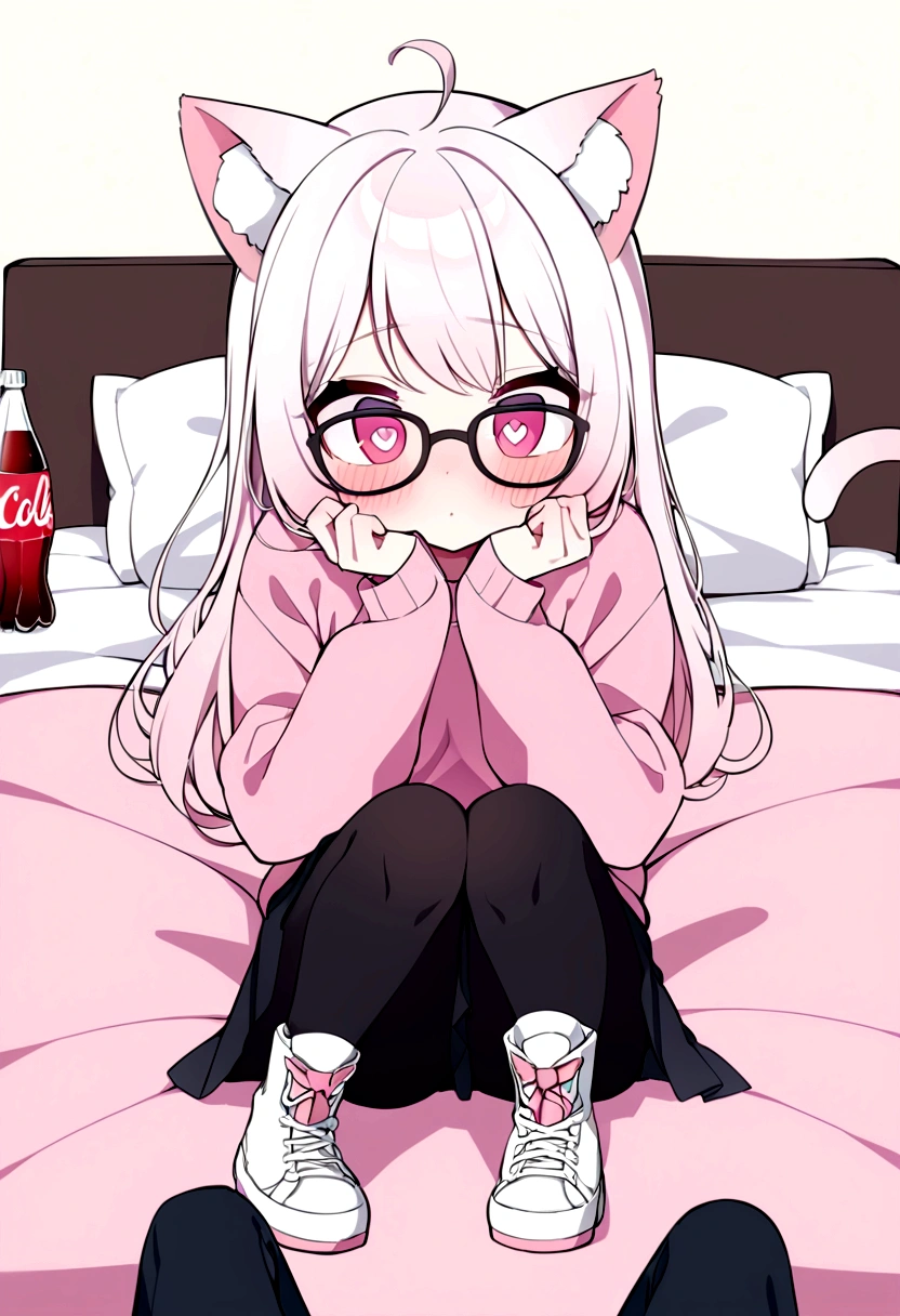 I have white pink hair, cat ears, a bun, my face is super blushing, black glasses, pink heart eyes, and if you could, in lingerie, black stockings, a cat&#39;s tail, a very shy girl, that you are lying on your bed how suspicious it is very small