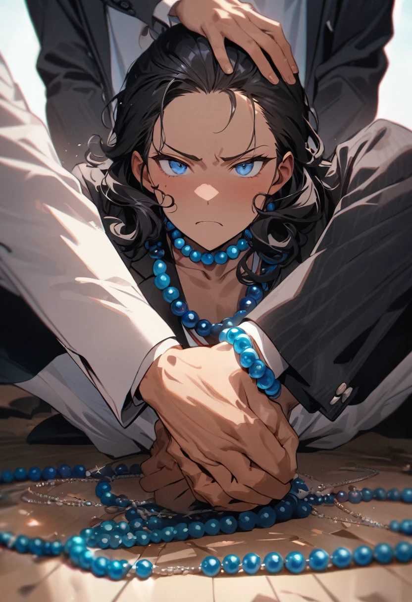 (( straight face picture )) ((best quality)), (Masterpiece)), (details), ( Beautiful colors ) ( ornamentation ) ,doctor ,young man , Tanned skin , black hair,blue eyes ,Shoulder-length hair ,Slightly curly hair , open forehead , suit ,doctor , Show off the beads. ,hands together , Whole body, to the feet





