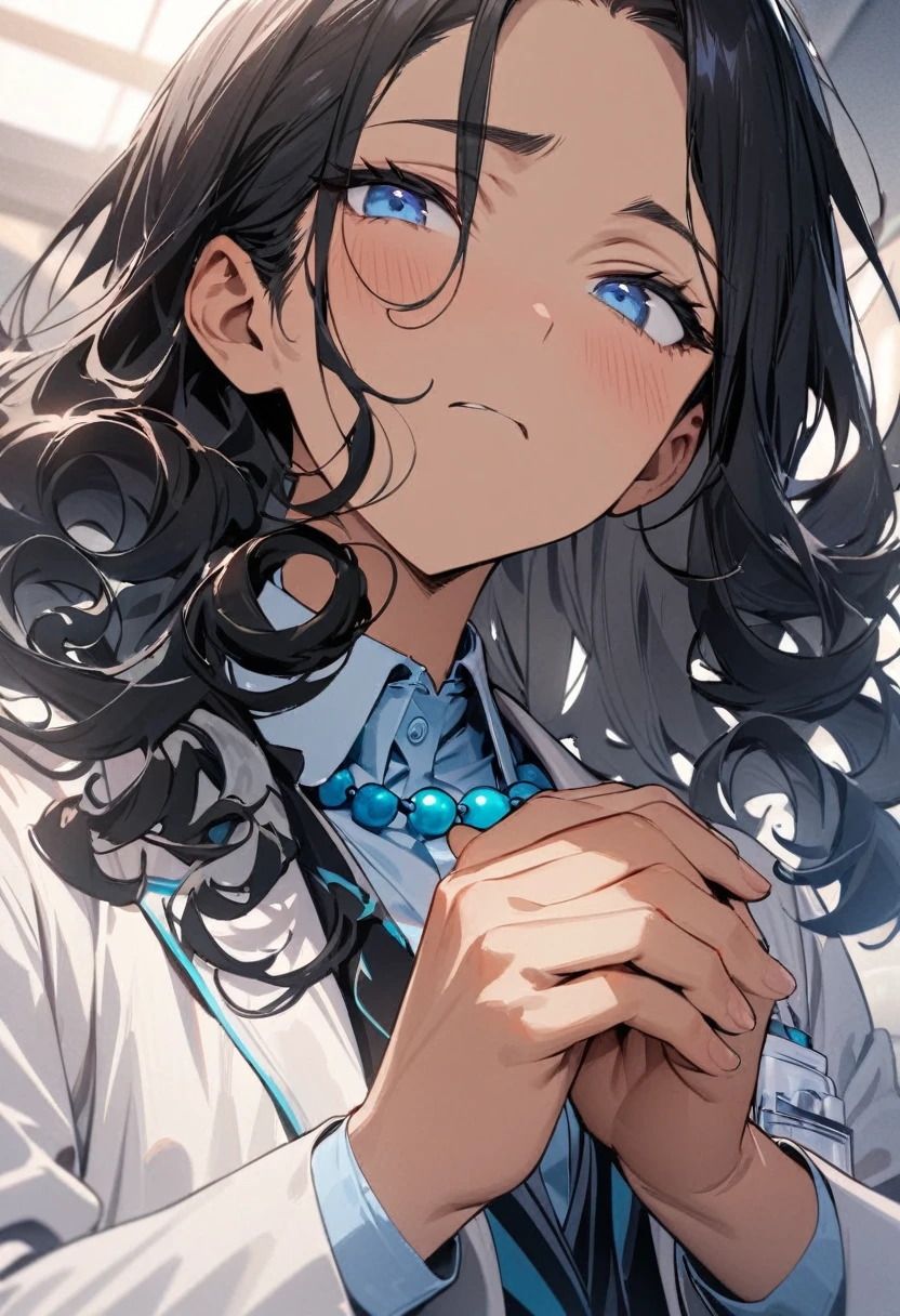 (( straight face picture )) ((best quality)), (Masterpiece)), (details), ( Beautiful colors ) ( ornamentation ) ,doctor ,young man , Tanned skin , black hair,blue eyes ,Shoulder-length hair ,Slightly curly hair , open forehead , suit ,doctor , Show off the beads. ,hands together , Whole body, to the feet
