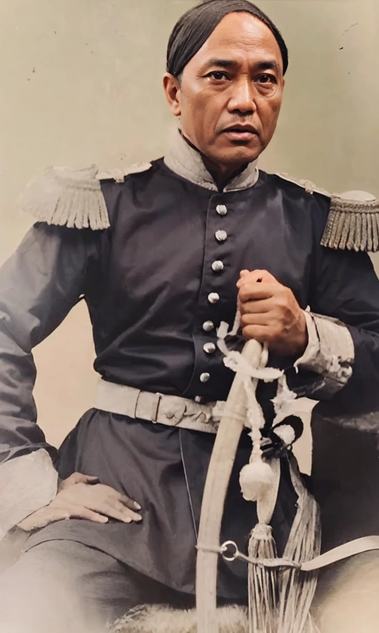 Indonesian Muslim man, aged 45 years or over, wrinkled brown skin, wearing kanigaran type clothes complete with black details with the nuances of a great king. clear clean eyes, thin lips, closed mouth, sharp nose, naturally short eyebrows. HD quality realistic images.