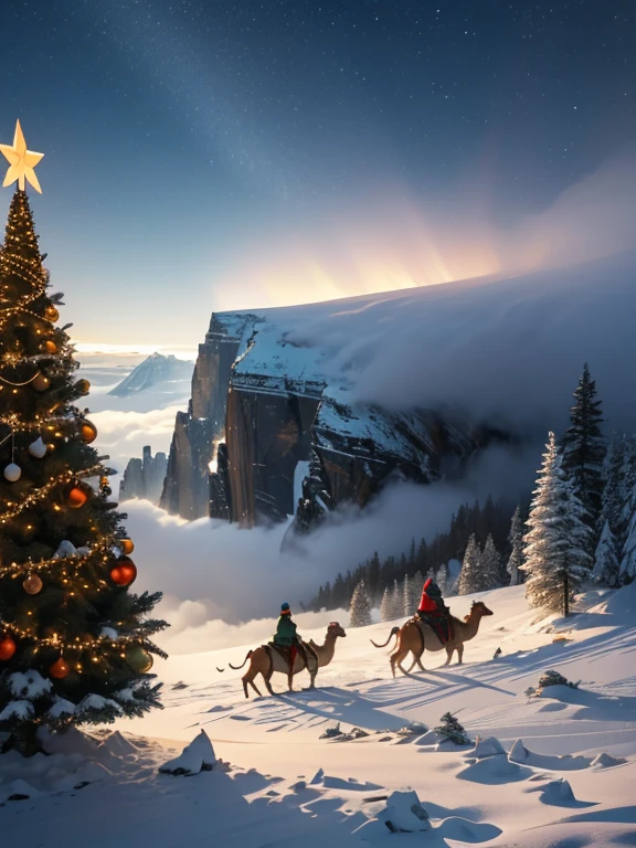 3 camels walking in the snow, blizzard, fog, professional photography, light beige, ash-blue, gray-olive, emerald, Christmas trees, foreground, medium
zebra Cliff , stratosphere, northern lights, height of the cliff of the pine lake below fog haze bright, stars, rain