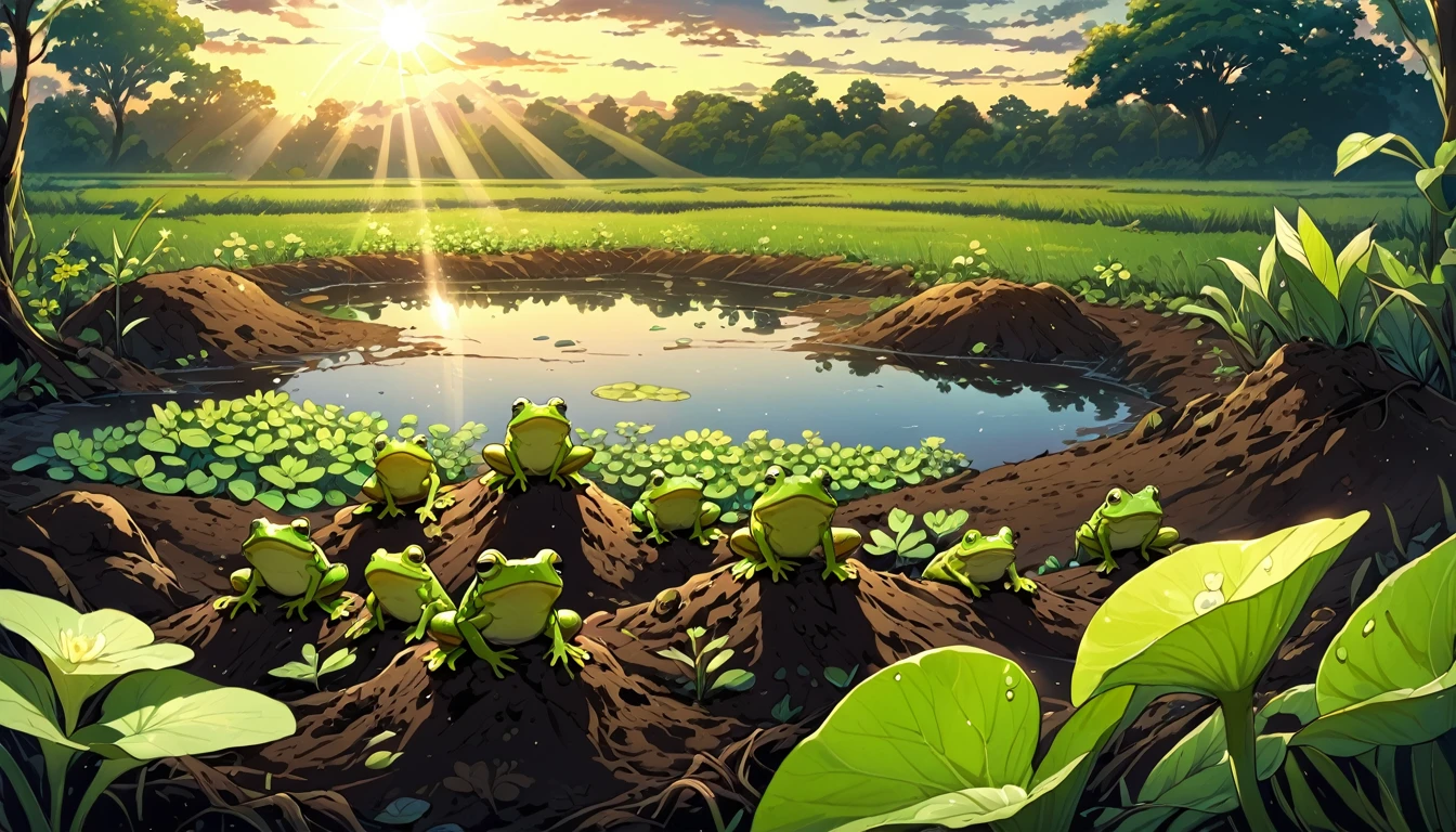 early morning,The sun shines through the clouds,A group of frogs are surrounding the sprouts of a plant in the soil。Land next to the pond