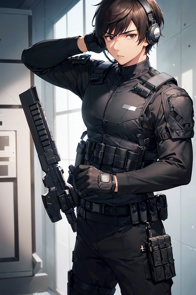 (((masterpiece; best quality: 1.2))), (finely detailed eyes: 1.3), (25 year old man), (solo), (black eyes: 1.4), (body; muscular, fit, masculine: 1.3), (short brown hair: 1.3), (beautiful and clear background: 1.2), ((depth of field)), (equipment: spec ops full black tactical combat-ready gear + tactical long-sleeve shirt+ kevlar vest + black gloves + black baseball cap + + tactical headphones + pouches: 1.3), (anime illustration: 1.2), (background composition; military base office: 1.1), (extremely fine and handsome: 1.1), (shot composition; standing + centered on torso + close-up: 1.5), (expression; calm, stoic: 1.2)