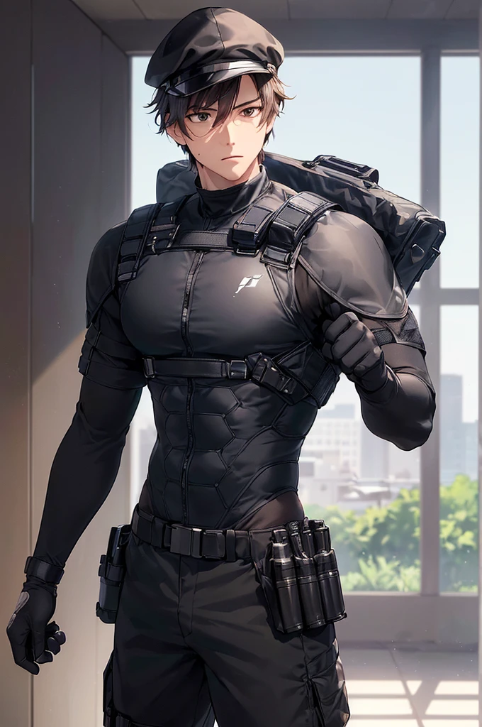 (((masterpiece; best quality: 1.2))), (finely detailed eyes: 1.3), (25 year old man), (solo), (black eyes: 1.4), (body; muscular, fit, masculine: 1.3), (short brown hair: 1.3), (beautiful and clear background: 1.2), ((depth of field)), (equipment: spec ops full black tactical combat-ready gear + tactical long-sleeve shirt+ kevlar vest + black gloves + black baseball cap + + tactical headphones + pouches: 1.3), (anime illustration: 1.2), (background composition; military base office: 1.1), (extremely fine and handsome: 1.1), (shot composition; standing + centered on torso + close-up: 1.5), (expression; calm, stoic: 1.2)
