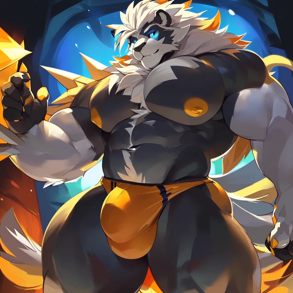 Solo, Anthro, male (((solgaleo, lion, blue sclera, muscular, big pecs, abs, yellow nipples, white fur, black body, black nose, multicolored body, multicolored fur, multicolored mane, white mane, mane, grey pecs, black chest, black abdomen, white arms, white legs, 5 fingers, tail, white tail, yellow tipped tail, markings, orange tipped mane, orange speedo, big bulge))) standing, pokemorph, biped ((focus grey abdomen, focus solgaleo, focus grey chest)) full body, perfect anatomy, by darkgem, by mystikfox61, by glitter trap boy