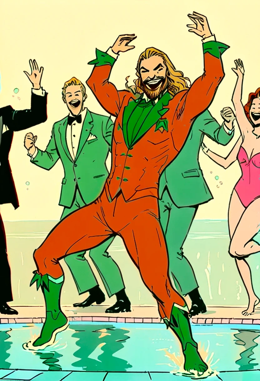 Line drawing, sketch, expressive, ink figure of Aquaman (vintage orange and green suit) dancing at a pool , overjoyed. The style should be simple and minimal. clearly standing in shallow end of pool, everyone is maximal over excited to be at prestigious pool , wide large smiles, cackling, 1990's animated tv show screengrab, uv light rays across face, VHS, glitch, distorted, nostalgia, 90's retro vibes, analog tape, vcr aesthetics, tv, television, comic 1990's, animated tv show screengrab, cinematic poster, image within image, multiple exposure, massive scale, rich color grading for shading depth, hand drawn rotoscope cartoon realism, chiaroscuro lighting, mixed media, vintage comic, retro original design, 1990's comic, sense of movement energy, tropical rot, rewilding, (full roygbiv color) ink charcoal expressive illustration,