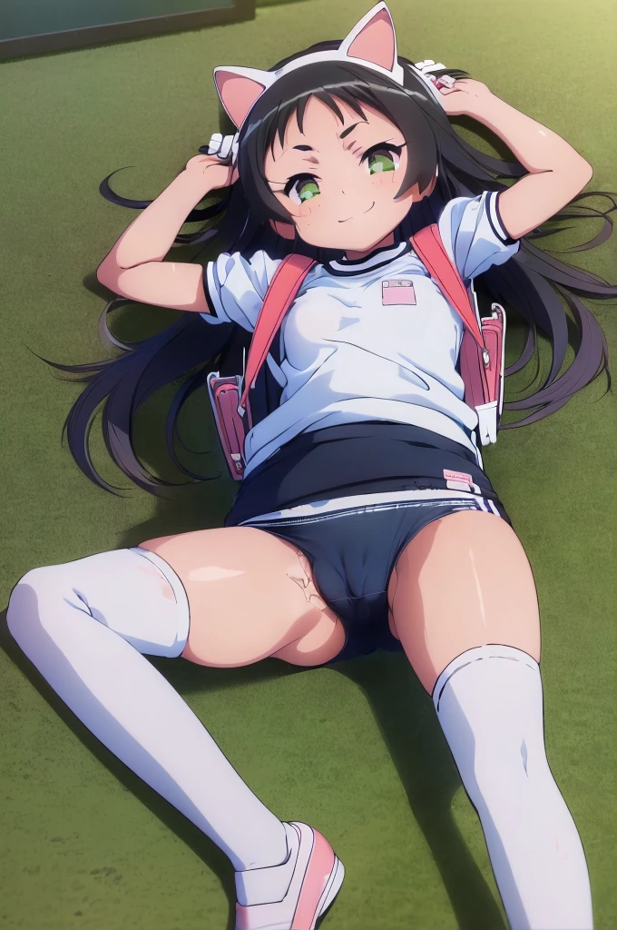 masterpiece, ultra quality, ultra sharp, ultra detailed, 1girl, solo, (good anatomy), haduki kurumi, (tattered torn dripping wet white gym shirt), navy gym pants, animal ears, randoseru, name tag, Japanese anime pose, laugh, BurumaShorts, Buruma, Gym Uniform, (((lying:1.4, spread_legs, legspread, split_legs, spreading legs)), (randoseru backpack:1.4), (((smirk smile))):1.4, buruma, blue buruma, black buruma, (cameltoe), (tattered torn short sleeve white gym uniform with colored hem), (tiny nipples), (white long loose socks), strong lighting, legspread, bukkake, cum on clothes, cum on legs, cum on buruma, cum on bloomers,