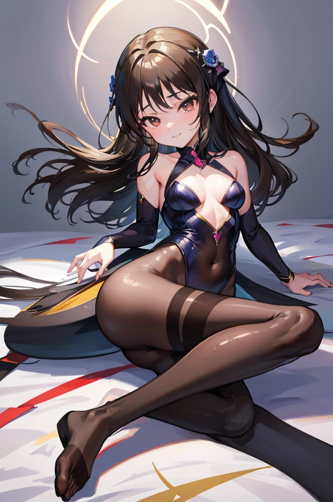 Highest quality Highest quality Draw a face carefully High-definition anime-style face Super Glowing Skin Long black hair Brown leotard Golden pantyhose Succubus lure smile Prone Lying down Show the soles of your feet Close up of the soles of the feet